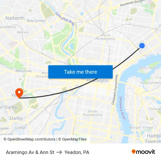 Aramingo Av & Ann St to Yeadon, PA map