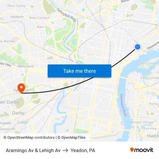 Aramingo Av & Lehigh Av to Yeadon, PA map