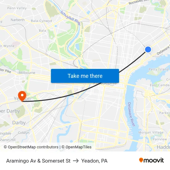 Aramingo Av & Somerset St to Yeadon, PA map