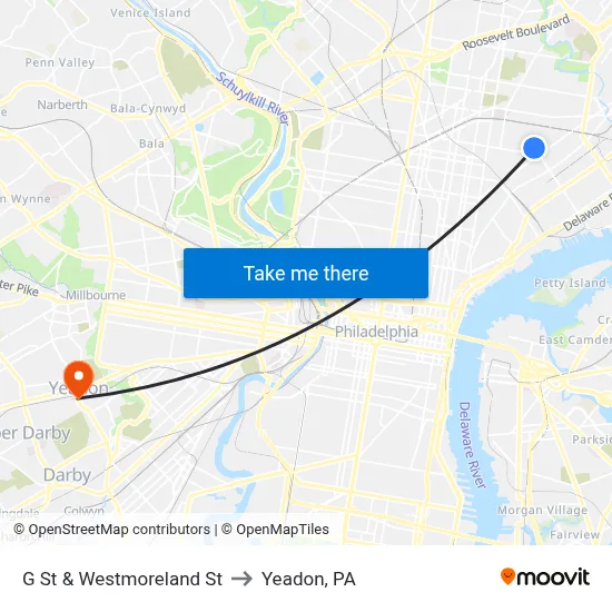 G St & Westmoreland St to Yeadon, PA map