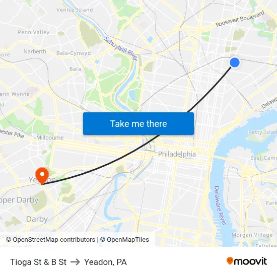 Tioga St & B St to Yeadon, PA map
