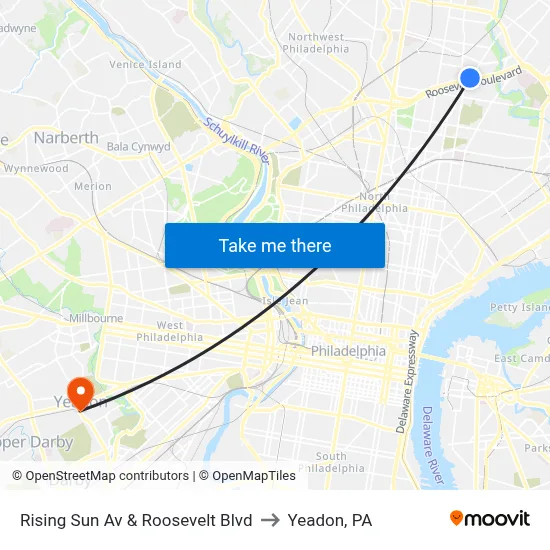 Rising Sun Av & Roosevelt Blvd to Yeadon, PA map