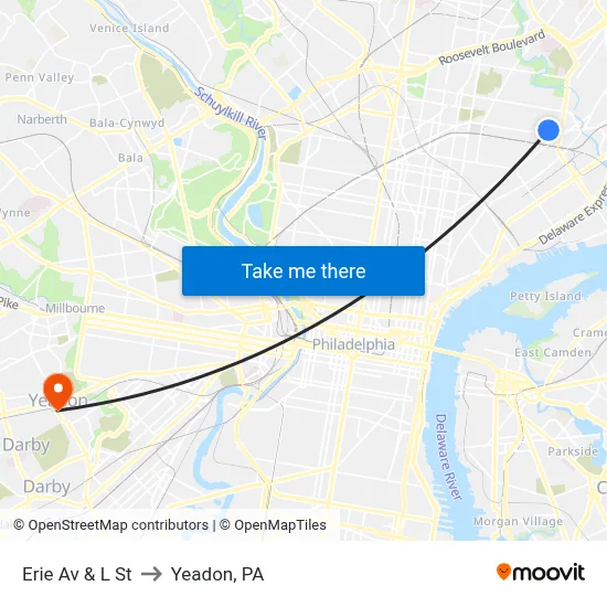 Erie Av & L St to Yeadon, PA map