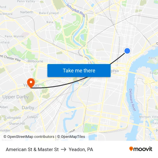 American St & Master St to Yeadon, PA map
