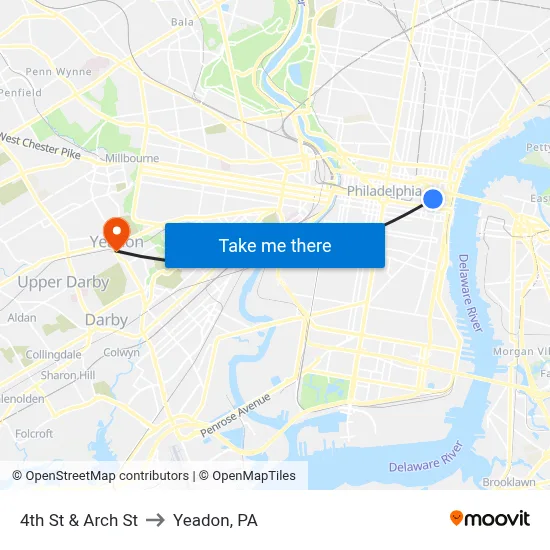 4th St & Arch St to Yeadon, PA map