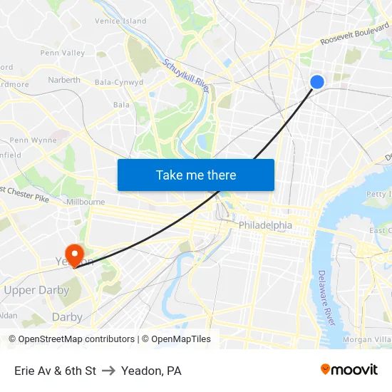 Erie Av & 6th St to Yeadon, PA map