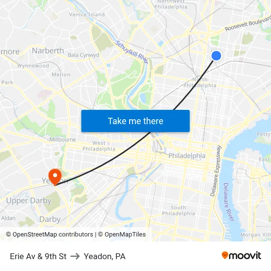 Erie Av & 9th St to Yeadon, PA map