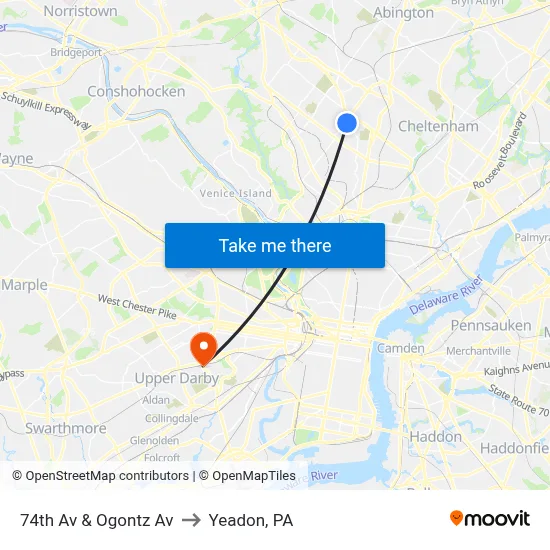 74th Av & Ogontz Av to Yeadon, PA map