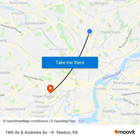 74th Av & Andrews Av to Yeadon, PA map