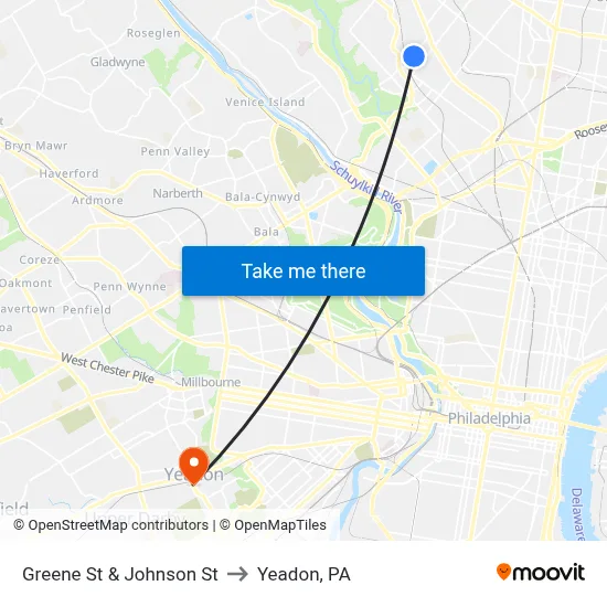 Greene St & Johnson St to Yeadon, PA map