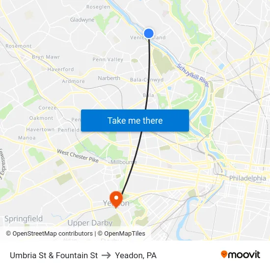 Umbria St & Fountain St to Yeadon, PA map