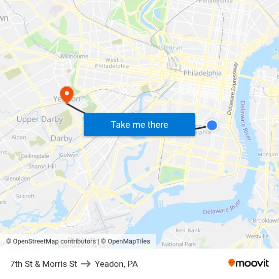 7th St & Morris St to Yeadon, PA map