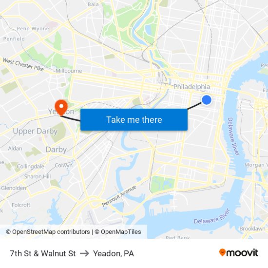 7th St & Walnut St to Yeadon, PA map