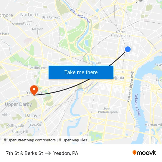 7th St & Berks St to Yeadon, PA map