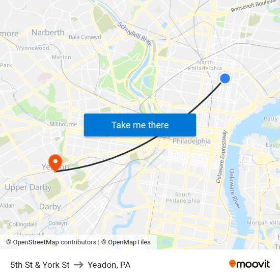 5th St & York St to Yeadon, PA map