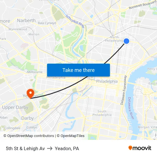 5th St & Lehigh Av to Yeadon, PA map