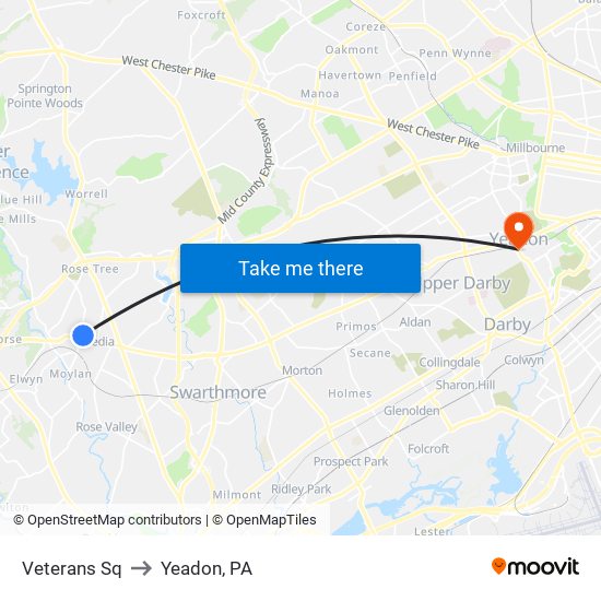Veterans Sq to Yeadon, PA map