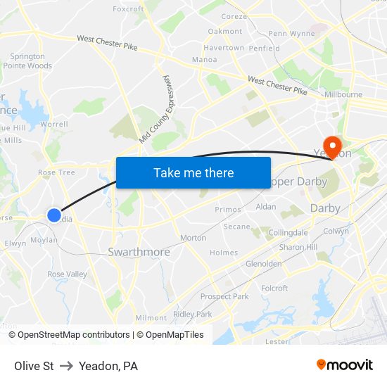 Olive St to Yeadon, PA map