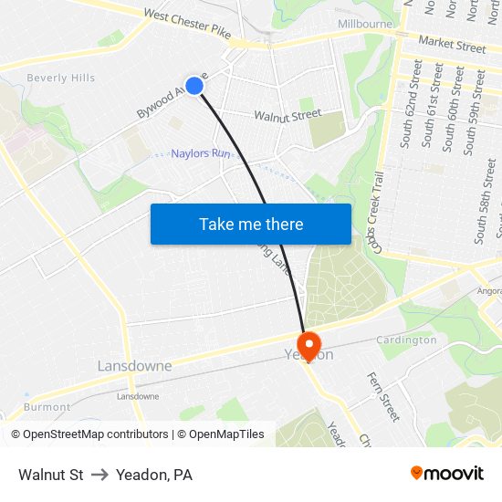 Walnut St to Yeadon, PA map