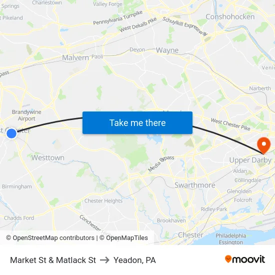 Market St & Matlack St to Yeadon, PA map