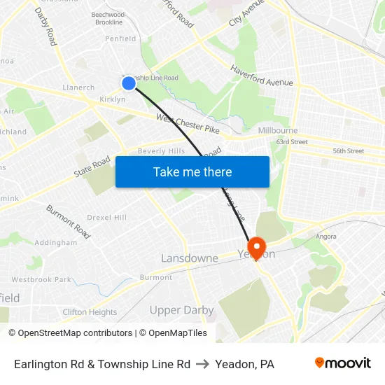 Earlington Rd & Township Line Rd to Yeadon, PA map