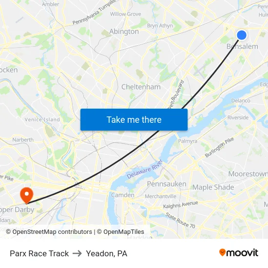 Parx Race Track to Yeadon, PA map