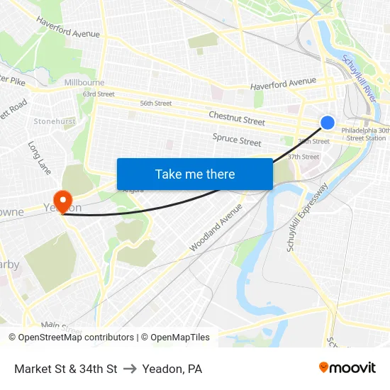 Market St & 34th St to Yeadon, PA map