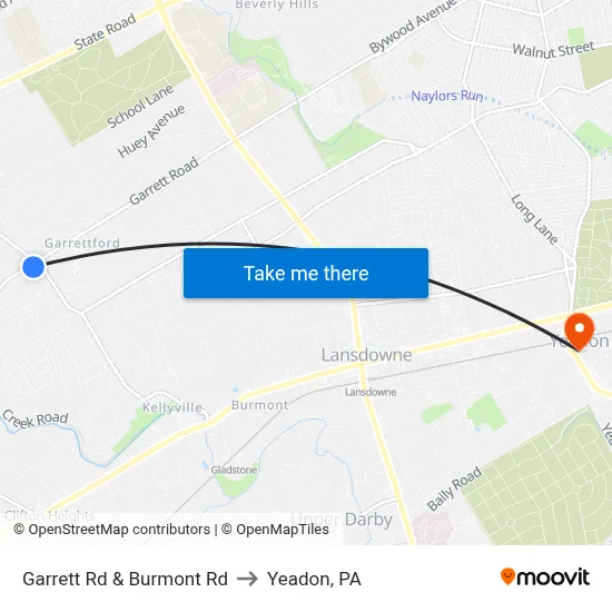 Garrett Rd & Burmont Rd to Yeadon, PA map