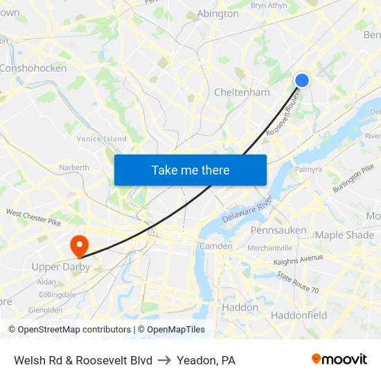 Welsh Rd & Roosevelt Blvd to Yeadon, PA map