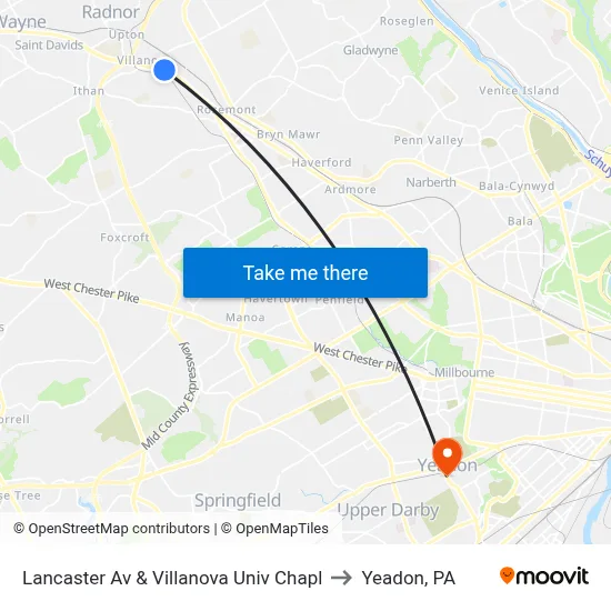 Lancaster Av & Villanova Univ Chapl to Yeadon, PA map