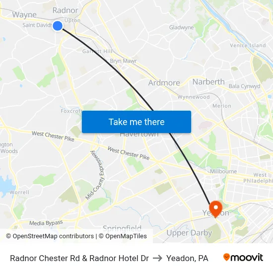 Radnor Chester Rd & Radnor Hotel Dr to Yeadon, PA map