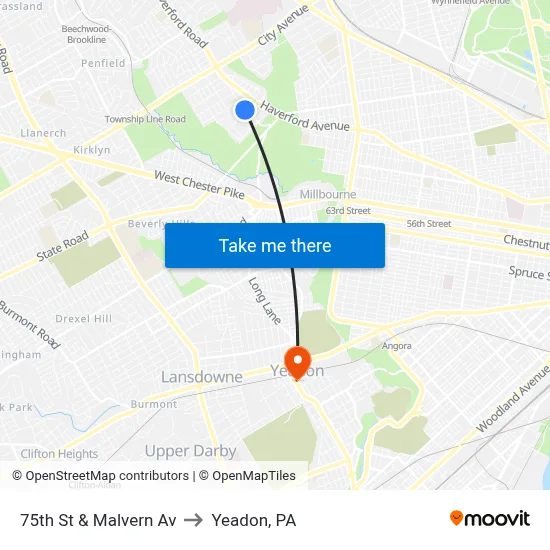 75th St & Malvern Av to Yeadon, PA map