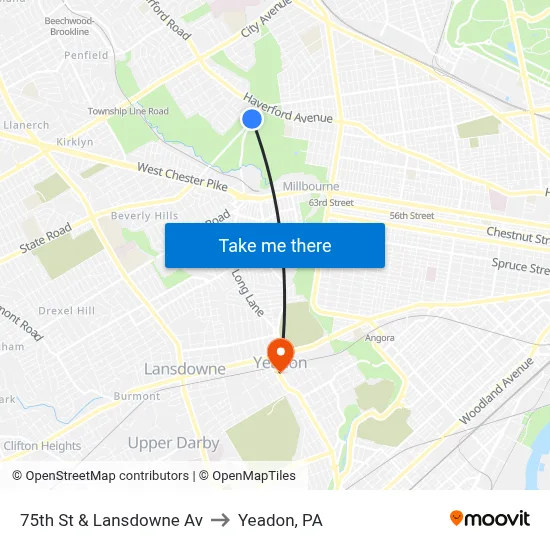 75th St & Lansdowne Av to Yeadon, PA map