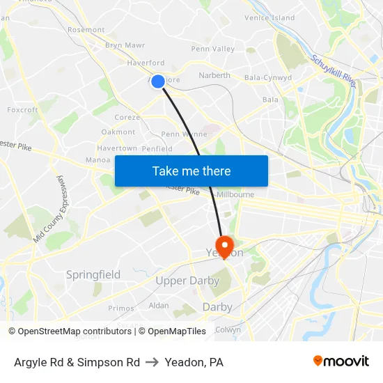Argyle Rd & Simpson Rd to Yeadon, PA map