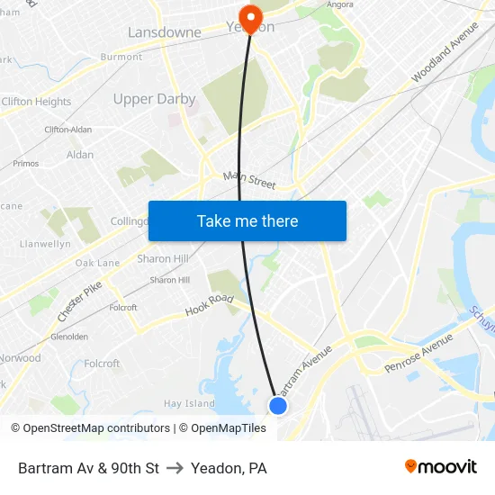 Bartram Av & 90th St to Yeadon, PA map