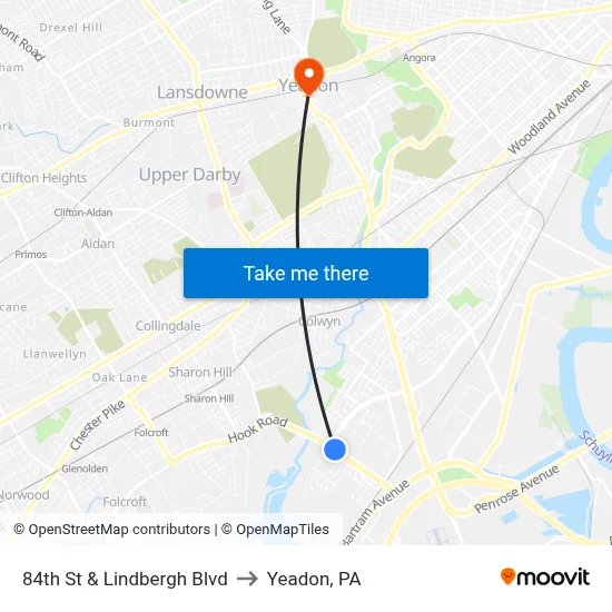 84th St & Lindbergh Blvd to Yeadon, PA map