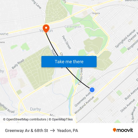 Greenway Av & 68th St to Yeadon, PA map
