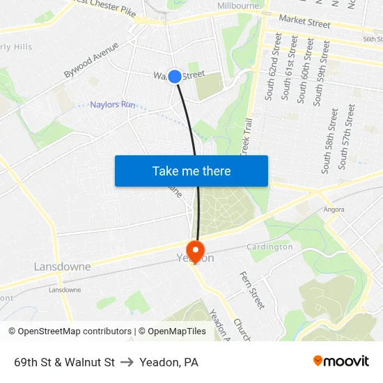 69th St & Walnut St to Yeadon, PA map