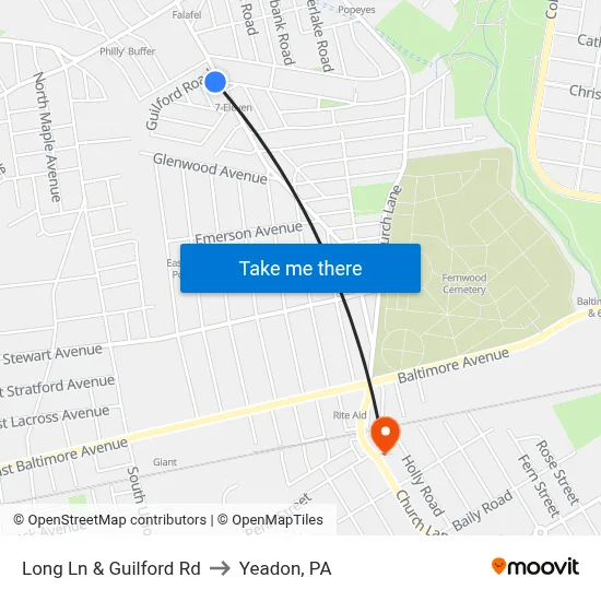 Long Ln & Guilford Rd to Yeadon, PA map