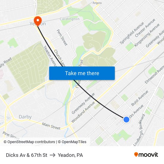 Dicks Av & 67th St to Yeadon, PA map