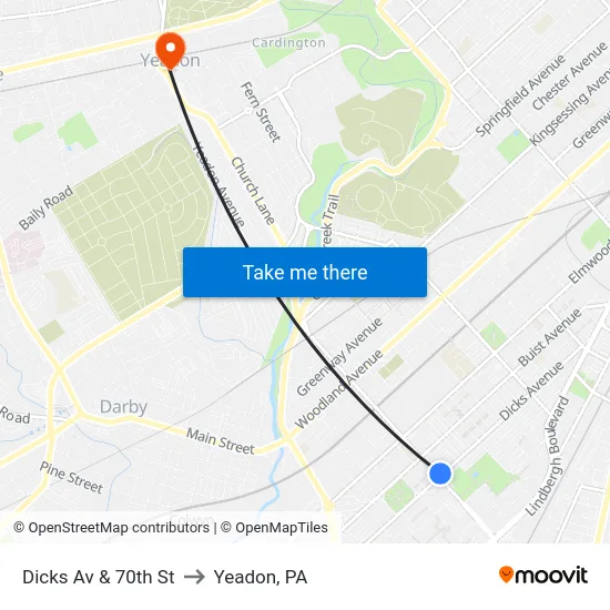Dicks Av & 70th St to Yeadon, PA map