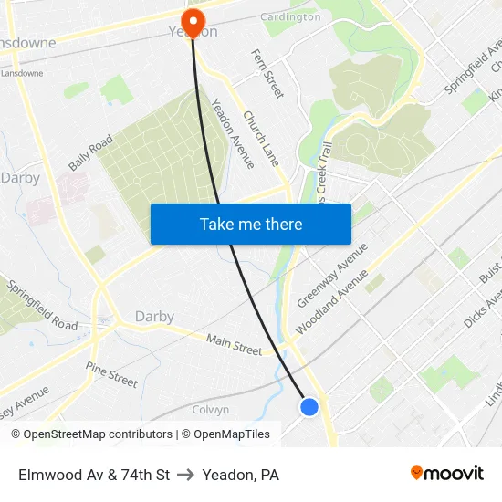 Elmwood Av & 74th St to Yeadon, PA map