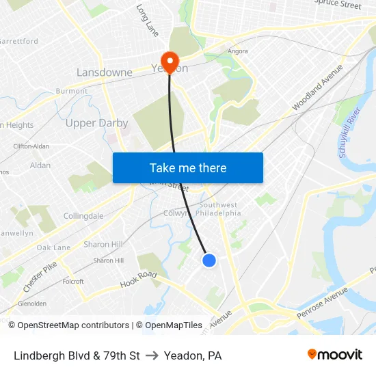 Lindbergh Blvd & 79th St to Yeadon, PA map