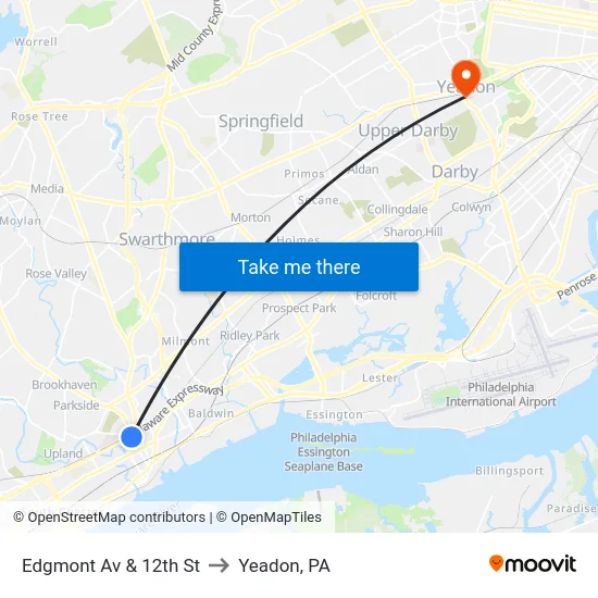 Edgmont Av & 12th St to Yeadon, PA map
