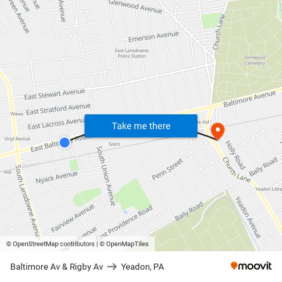 Baltimore Av & Rigby Av to Yeadon, PA map