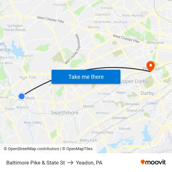 Baltimore Pike & State St to Yeadon, PA map