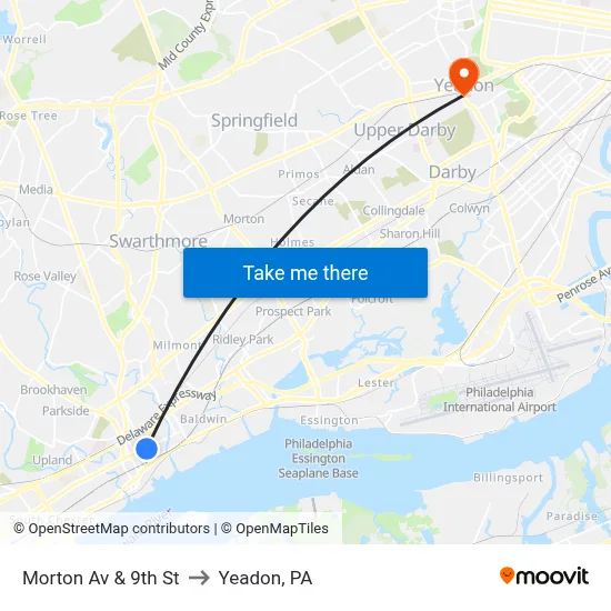 Morton Av & 9th St to Yeadon, PA map