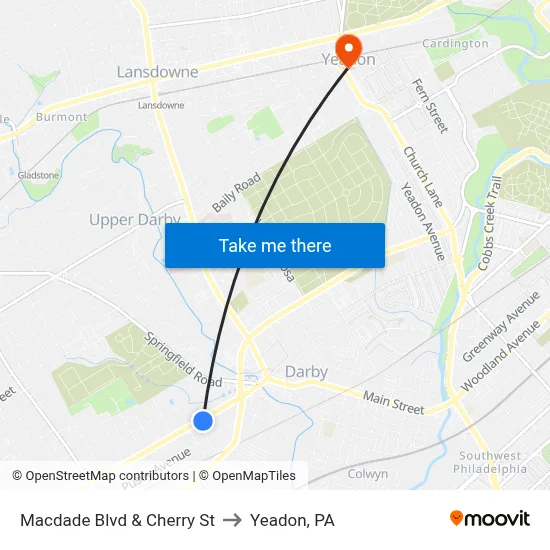 Macdade Blvd & Cherry St to Yeadon, PA map