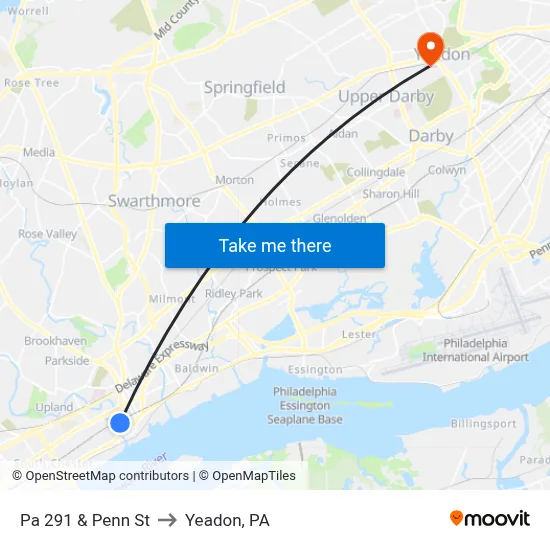 Pa 291 & Penn St to Yeadon, PA map