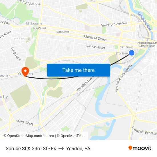 Spruce St & 33rd St - Fs to Yeadon, PA map